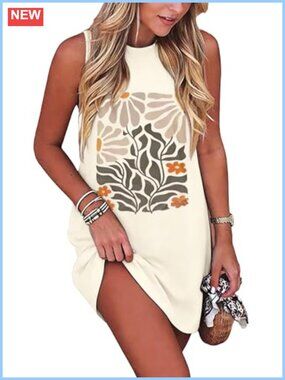 Women Summer Boho Floral Tank Dress Sleeveless Beach Sun Mini Dress